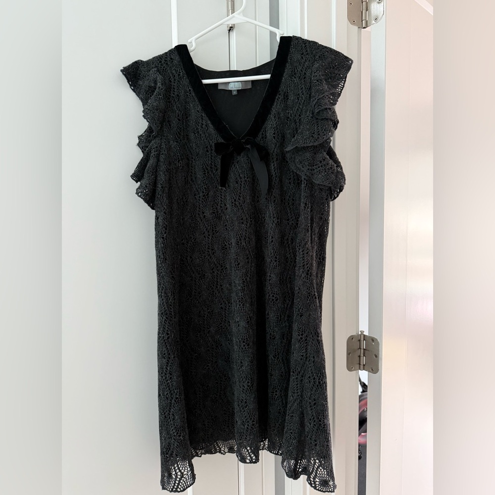 Eva Franco Anthropologie Dark Charcoal Crochet Dress w/ Velvet Bow (size 12)